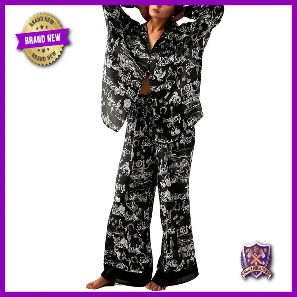 Women's Satin Pajama Set Long Sleeve V-Neck Wide Leg Pants Loungewear